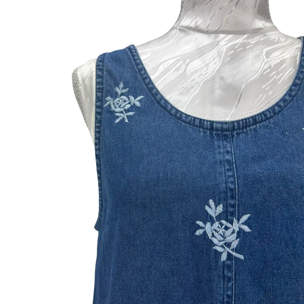 Vintage Embroidered Denim Dress Floral Sleeveless Button Side Blue Womens Small - Picture 7 of 11